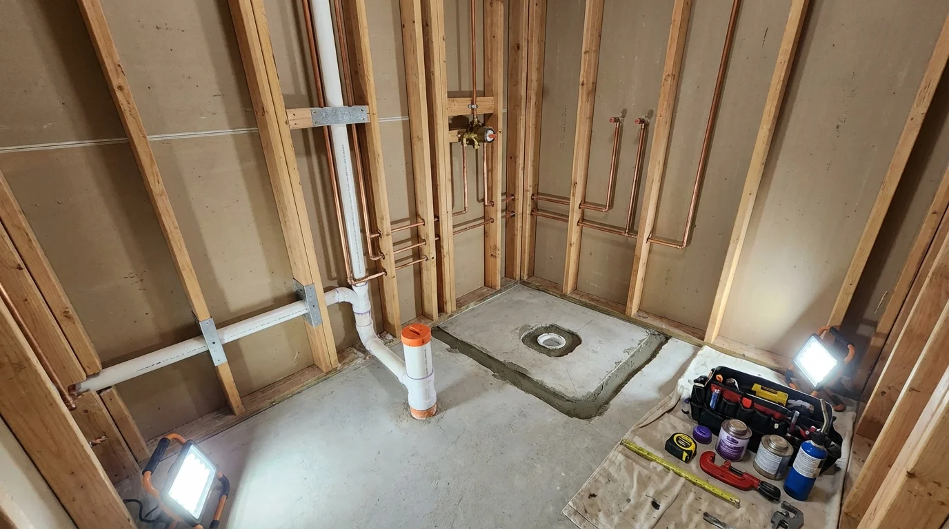 Bathroom rough-in plumbing during remodel by Johns Plumbing LLC in Bay Shore