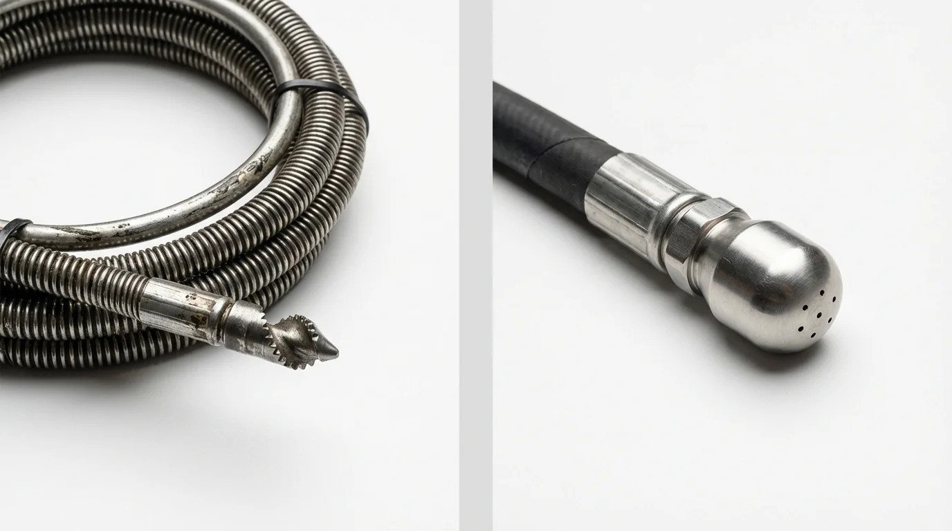 Drain snake cable and hydro jetting nozzle used for drain cleaning in Bay Shore, NY