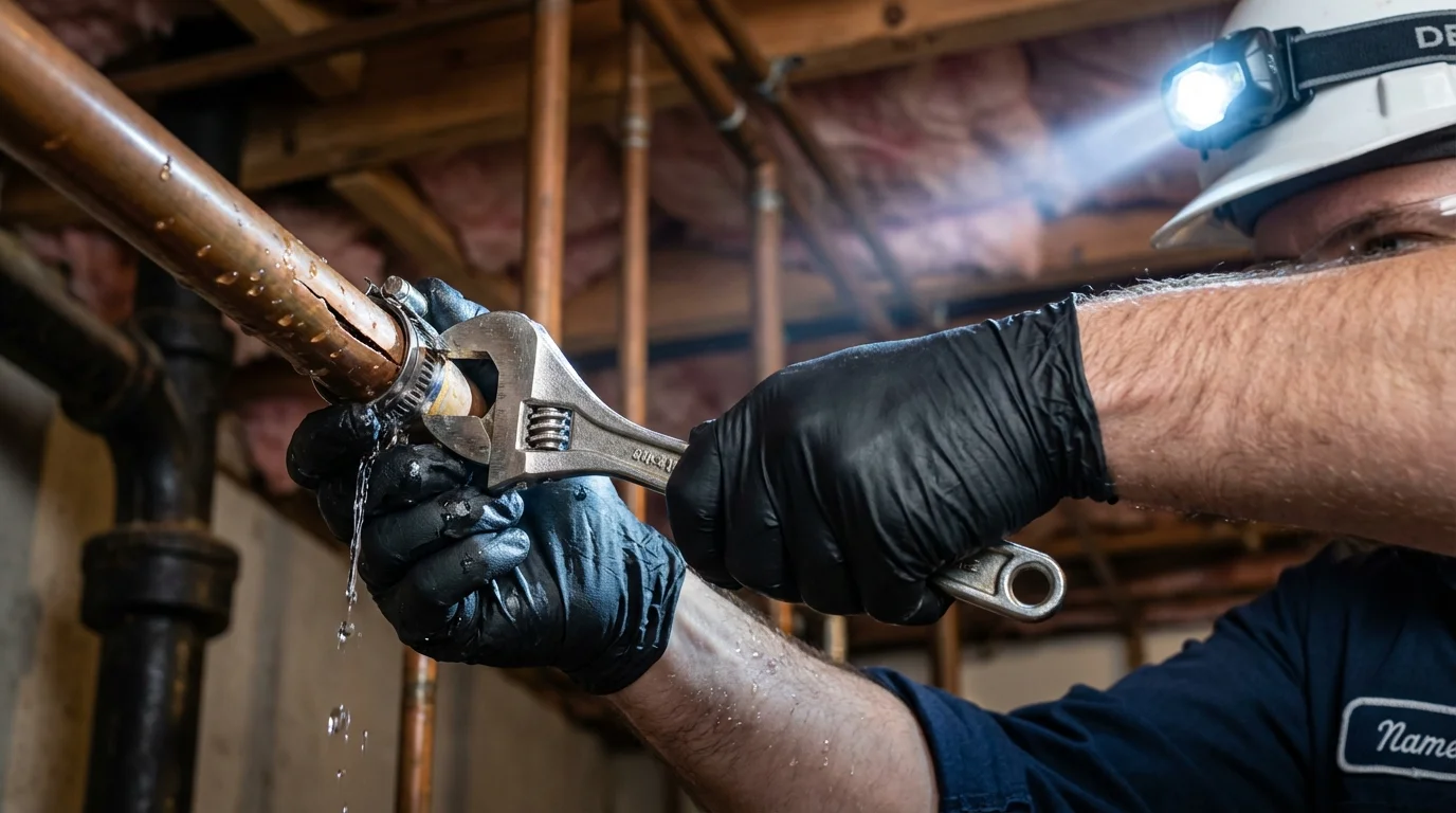 Emergency pipe clamp repair being performed by a Johns Plumbing LLC plumber in Bay Shore