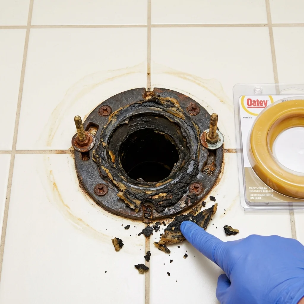 Failed wax ring showing water seepage at the base of a toilet in a Bay Shore, NY home