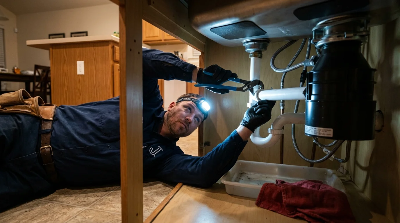 P-trap and supply line connections under a kitchen sink showing a common leak point in Bay Shore, NY
